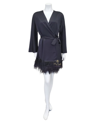 Rya Collection 394 Black Swan Feathers Satin Kimono Wrap myselflingerie.com